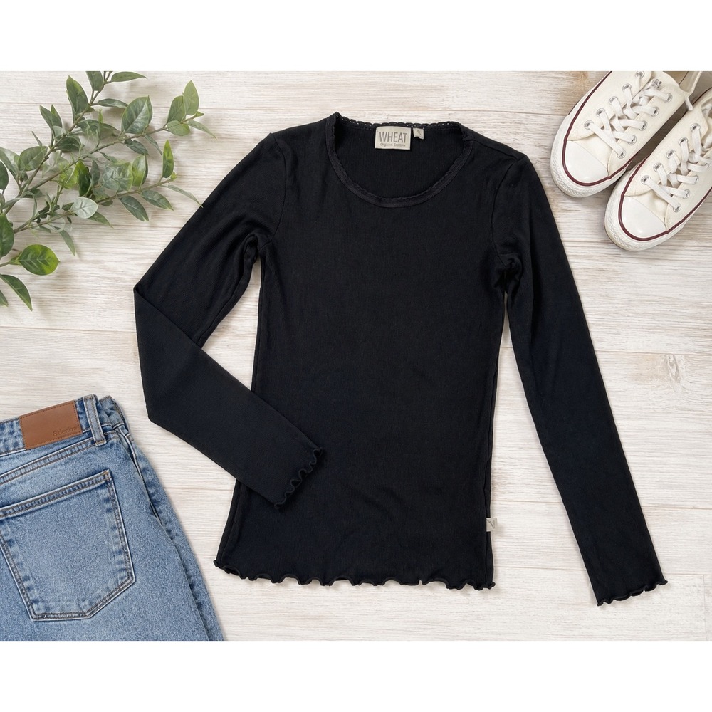 Wheat Organic Cotton Black Ribbed‎ Long Sleeve Lettuce Edge Top Kids 10Y 140